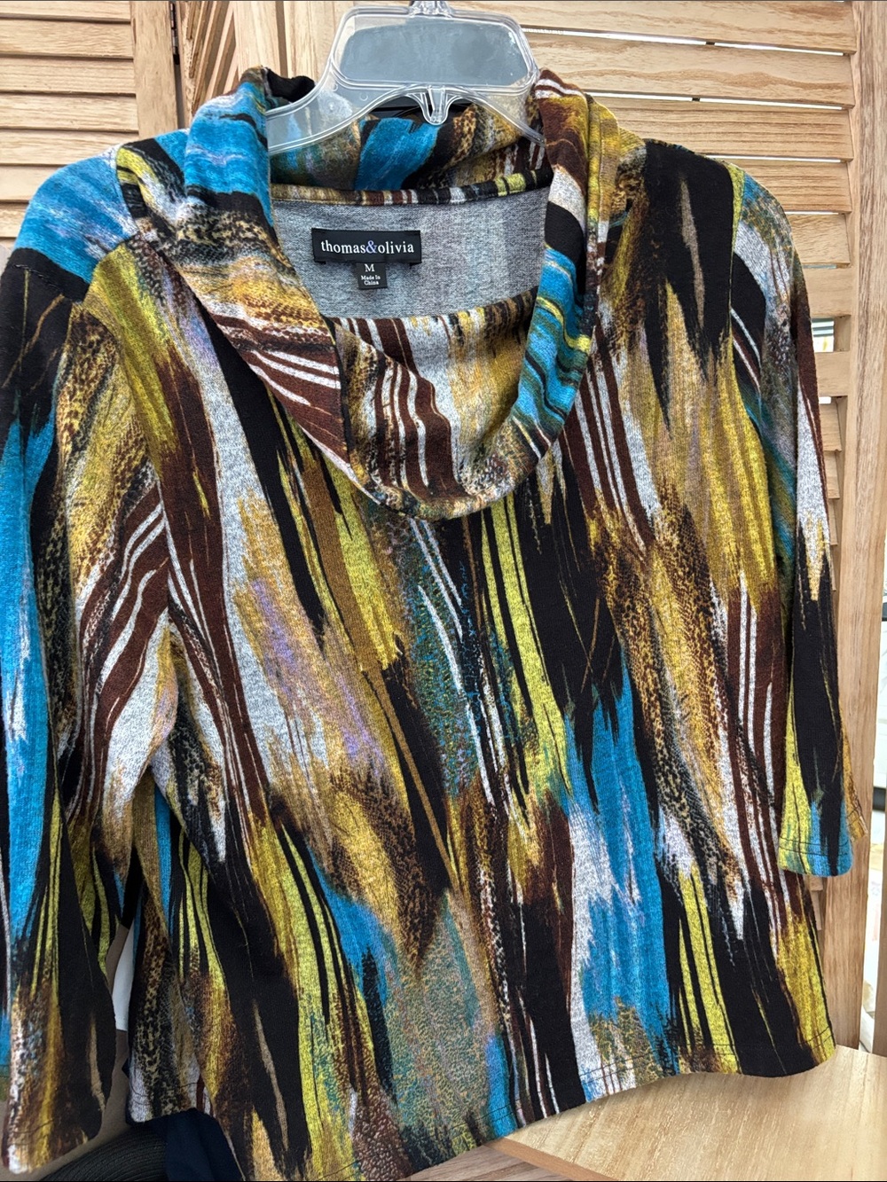Thomas & Olivia Abstract Print Cowl Neck Top - Black, Blue & Gold Medium